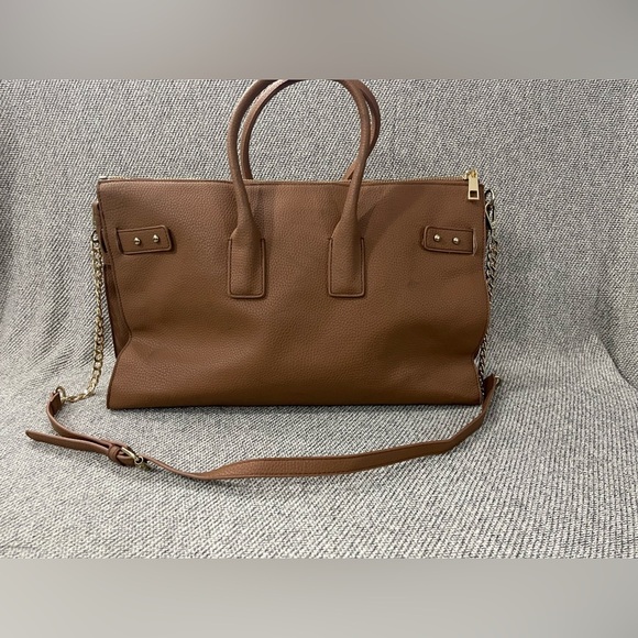 JustFab Brown Faux Leather Travel Tote Gold Hardware Shoulder Strap &Handles - Picture 1 of 16